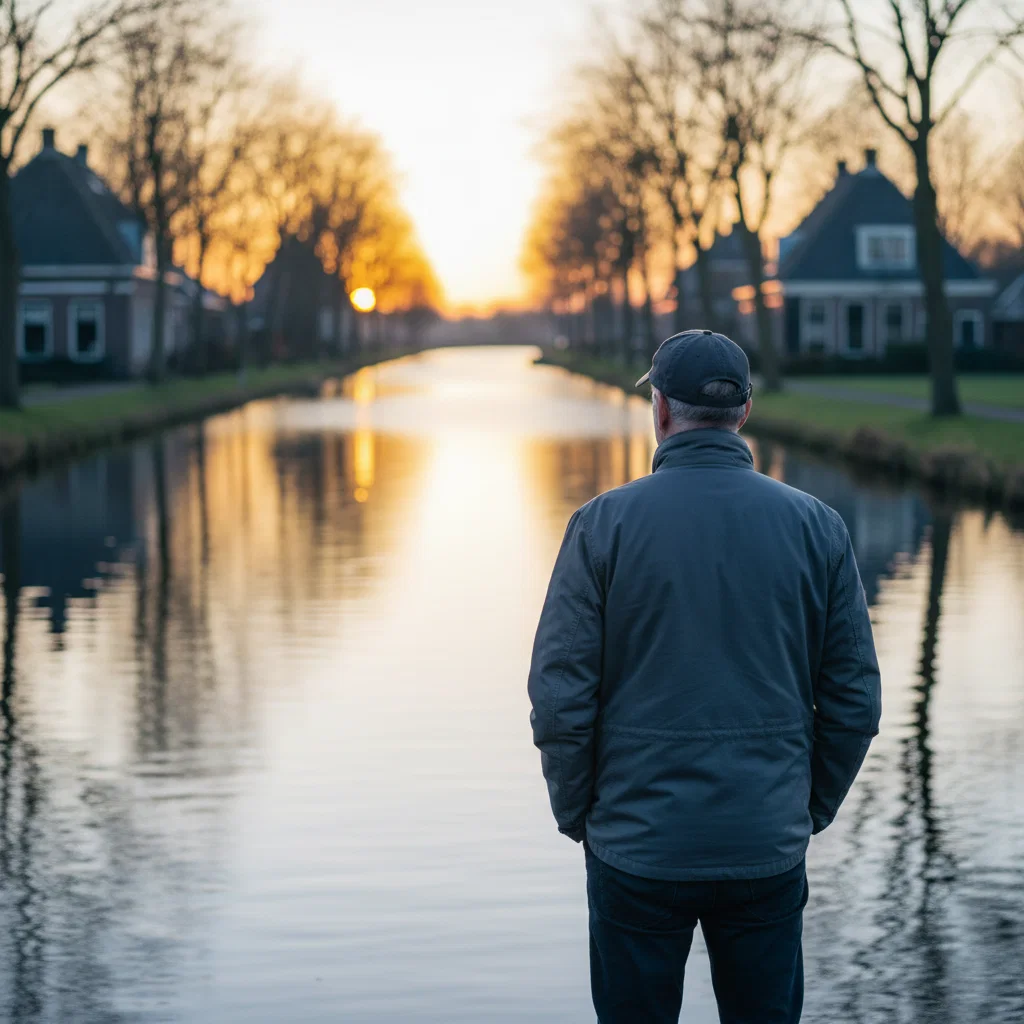 Man boven de 50 geniet van een actieve levensstijl bij een Hollands kanaal